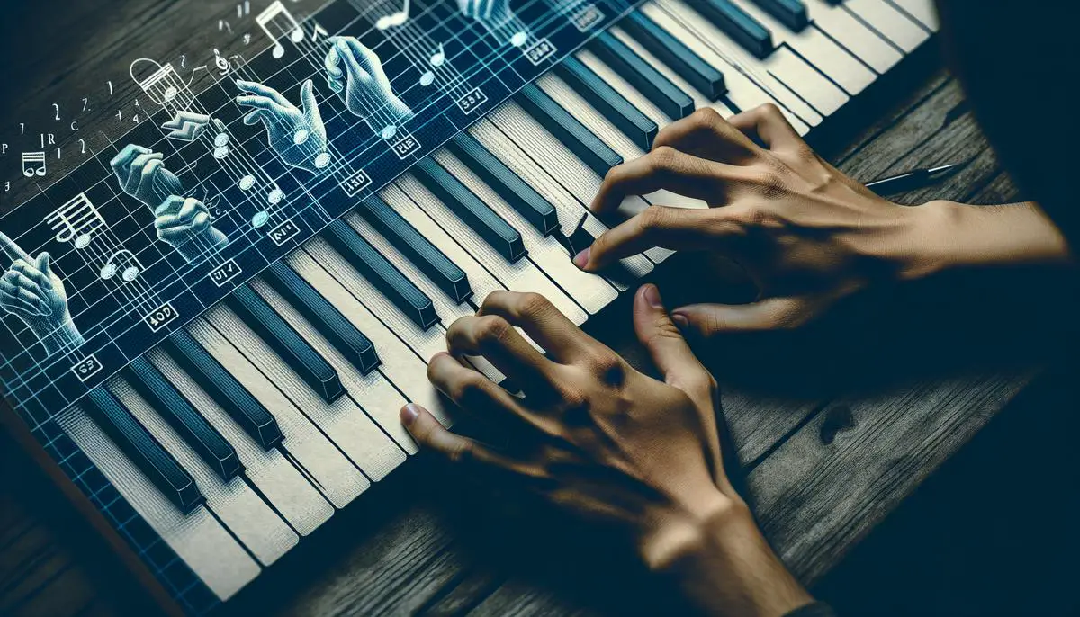 A realistic image of a 15-key keyboard layout with hands playing simple scales