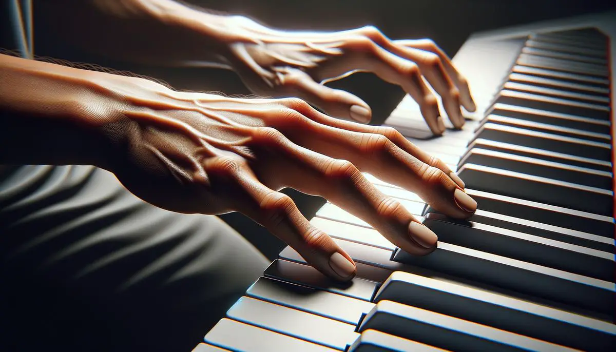 A realistic image of a person practicing on a 15-key keyboard with focus on their hands and the keys