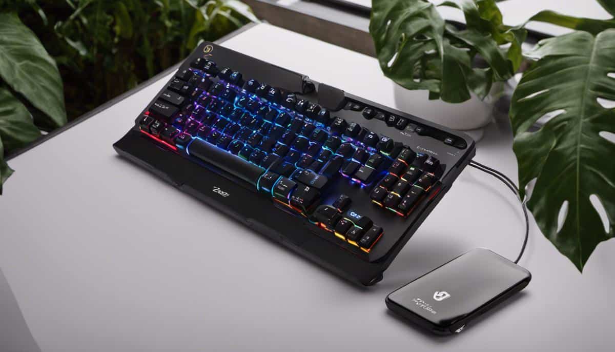 A black 15-key keyboard with rgb backlighting and a compact design that fits in the palm of a hand