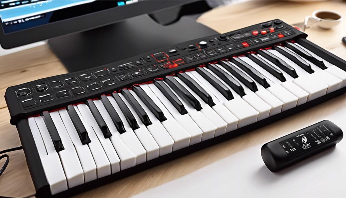 An image of a foldable silicone midi keyboard, a versatile and portable musical instrument.