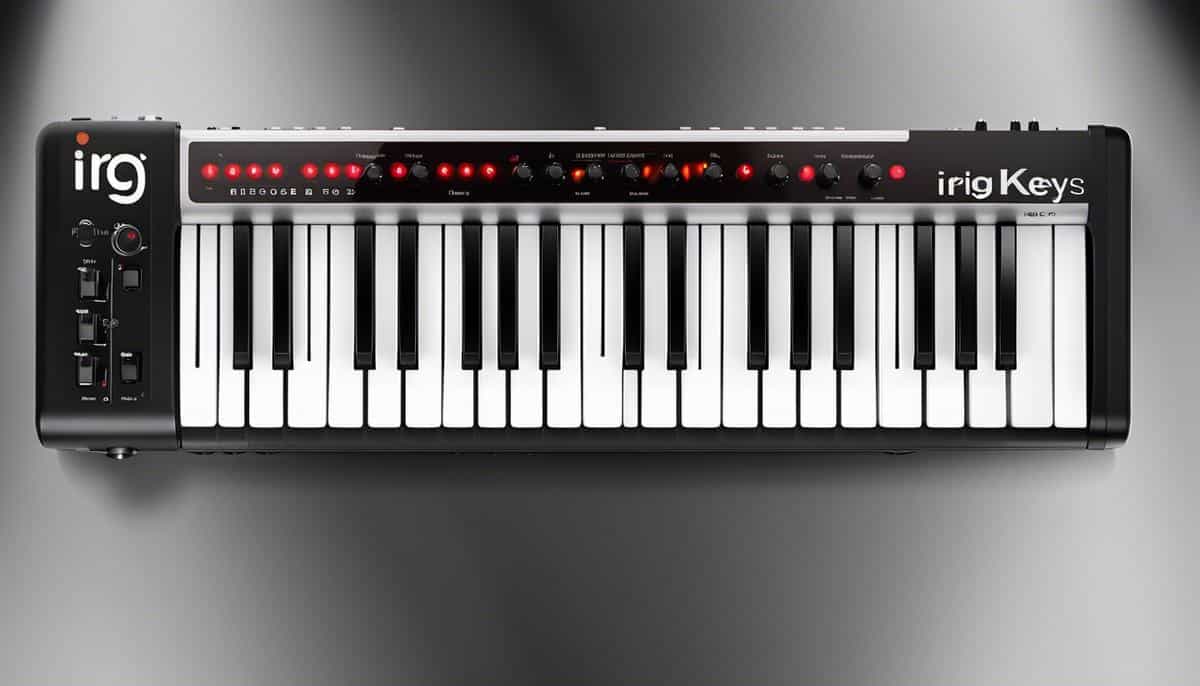 An image of the irig keys mini, a compact and portable keyboard for music production.