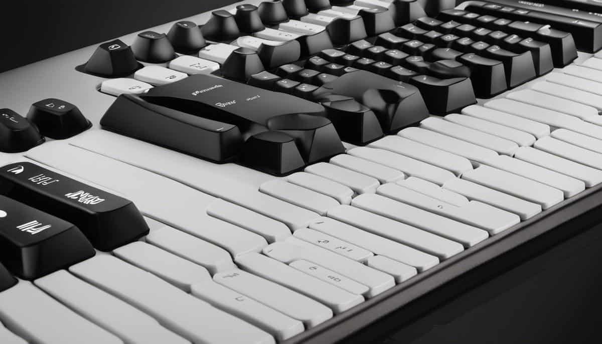 A visual representation of a 15-key portable keyboard layout, with white and black keys grouped together.