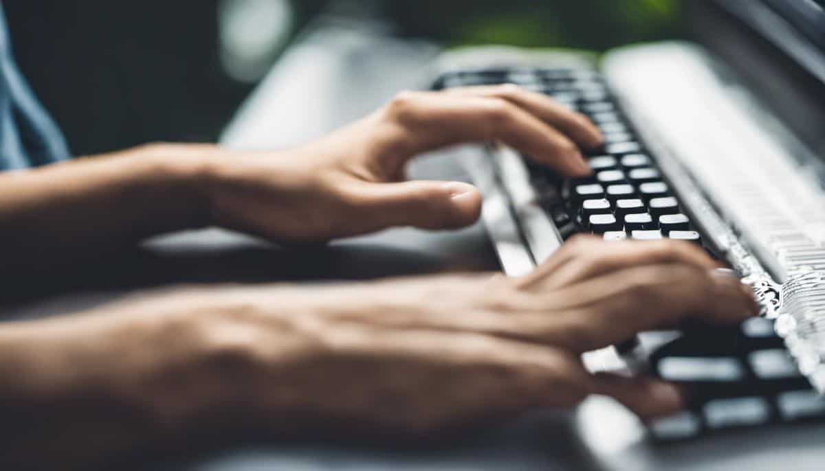 A person typing on a keyboard with focus, demonstrating the practice of touch typing