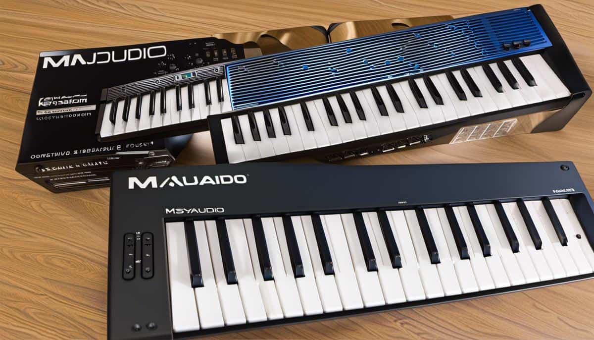 Image of the m-audio keystation mini 32, a compact keyboard with a sleek design and impressive performance.